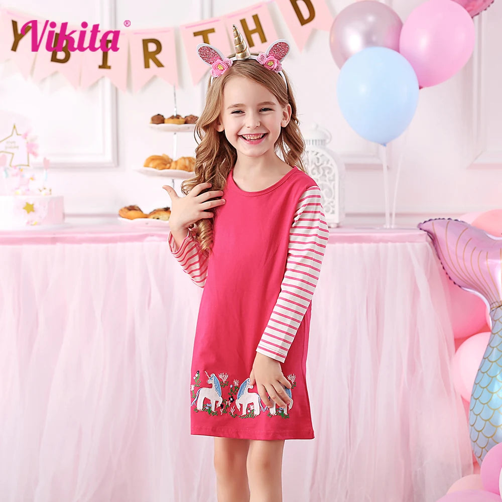 VIKITA Teenagers Straight Dress Kids Cotton Casual Daily School Vestidos Kids Fashion Cute Striped Unicorn Appliqued Pink Dress