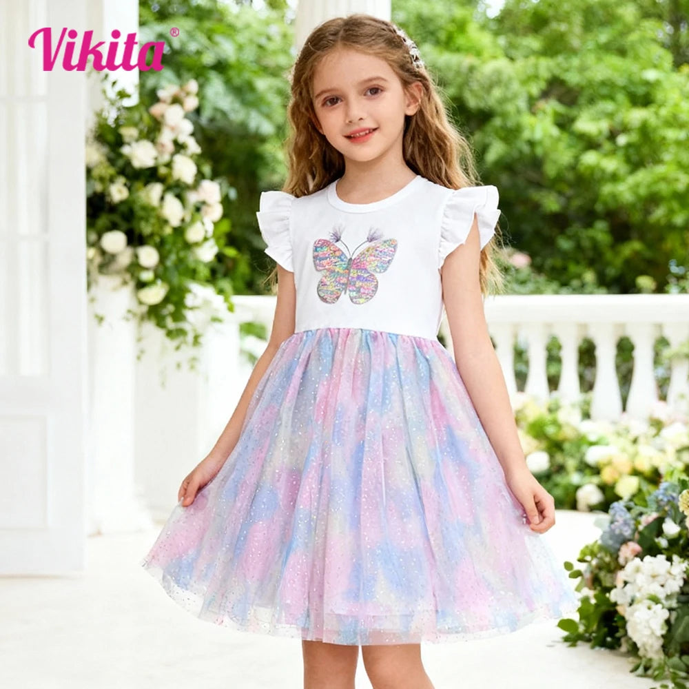 VIKITA Toddlers Colorful Butterfly Sequined Appliqued Summer Flare Sleeve Dress Kids Gradient Glitter Fashion Elegant Dresses 6Y
