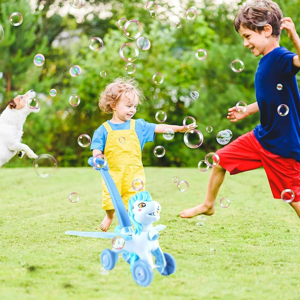 Pony Bubble Machine for Kids Automatic Bubble Lawn Mower with Light & Music Bubble Cart Outdoor Push Toys for Birthday Gift