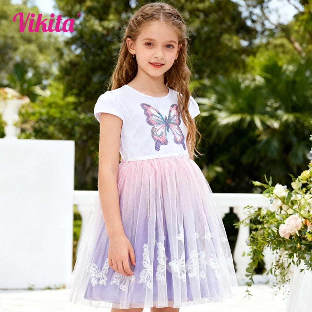VIKITA Girls White Short Sleeve Dress Kids Colorful Sequined Butterfly Appliqued Gradient Tulle Fashion Elegant Princess Dress