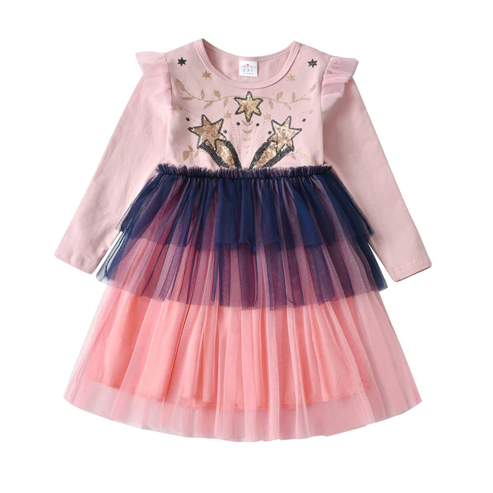 VIKITA Kids Pink Dress Girls Long Sleeve Autumn Spring Dress Kids Star Sequins Appliqued Vestidos Layered Princess Casual Wear