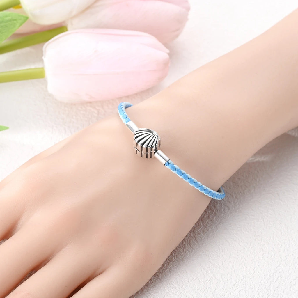 925 Sterling Silver Charm Bracelets For Woman Heart Shell Leather Rope Plait Bracelet Fit Beads Making  Fshion Jewelry Gift