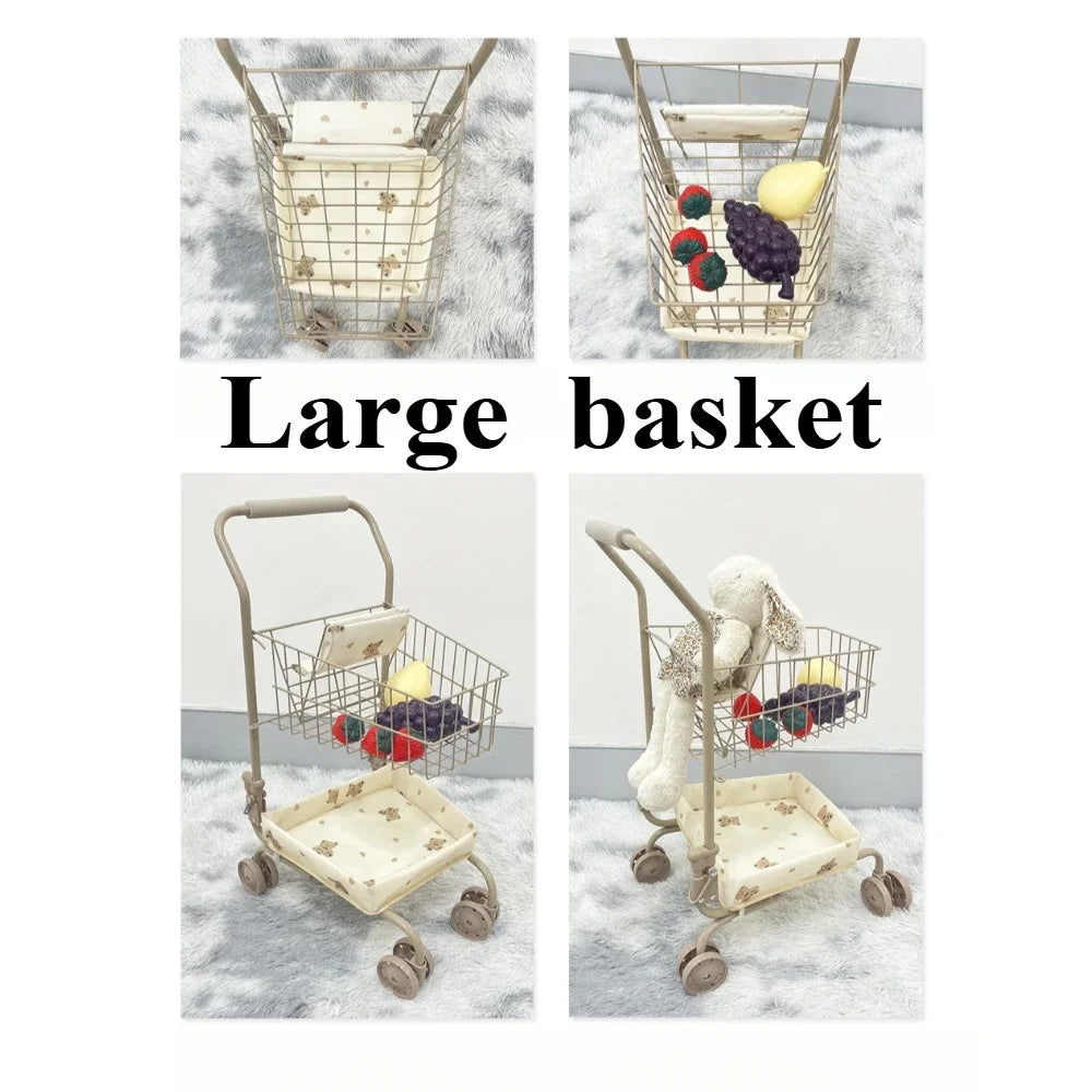 Girls Toy Shopping Cart with Sturdy Metal Frame Foldable Doll Trolley with Storage Basket Pretend Play Gifts for Kids Toddler