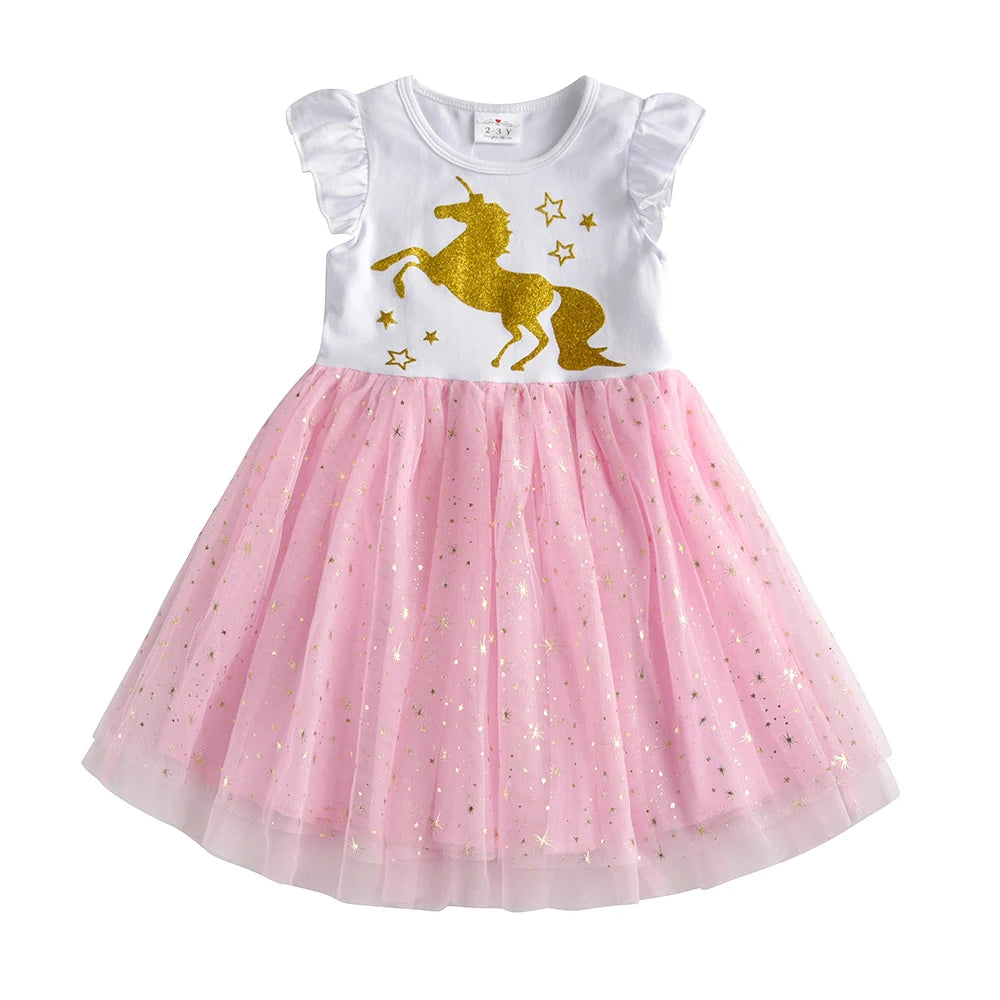 VIKITA Girls Licorne Print Dress Girls Flare Sleeve Summer Dresses Kids Birthday Party Patchwork Princess Elegant Cute Dresses