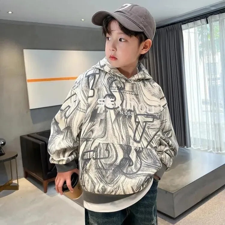 2025 New Boys' Mid-Large Spring-Autumn Trendy Brand Hooded Hoodie - Stylish Kids' Spring Wear Top