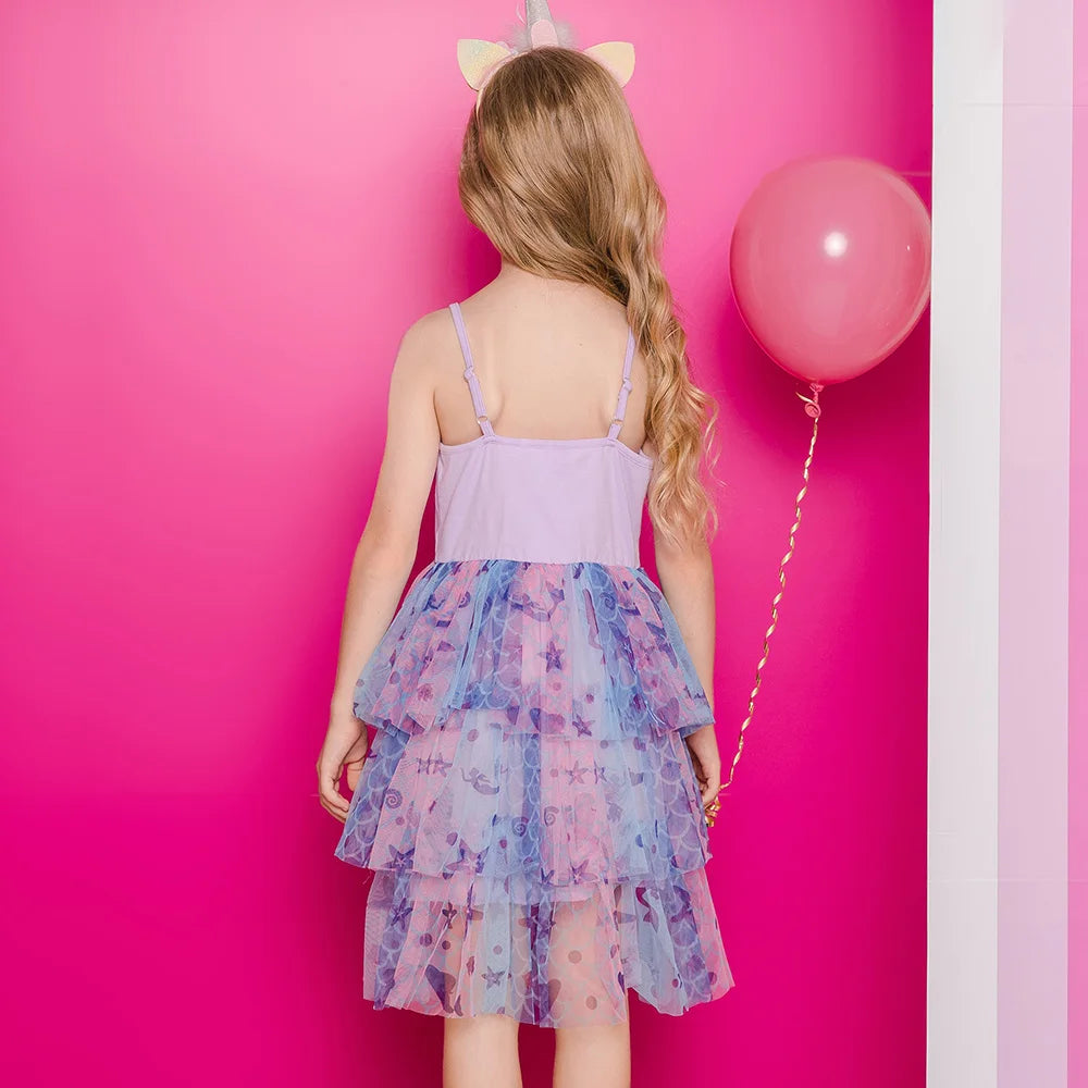 Girls Mermaid Print Tutu Dress with Tiered Tulle Skirt Kids Ruffle Colorful Ocean Starfish Print Birthday Party Performan Dress