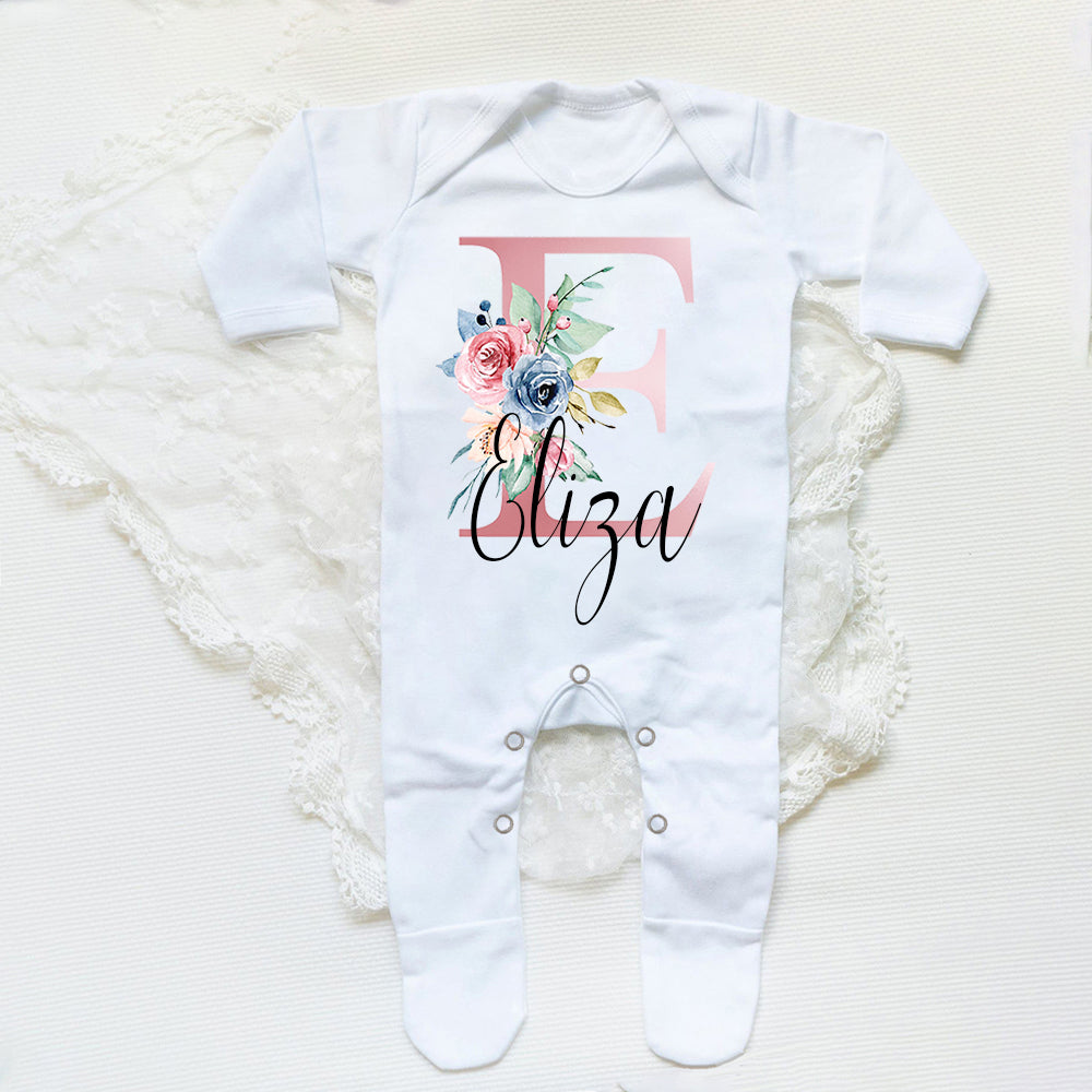 Personalised Babygrow Sleepsuit Flower Initial Infant Romper Baby Coming Home Outfit Newbron Shower Gift Baby Girls Sleepsuit