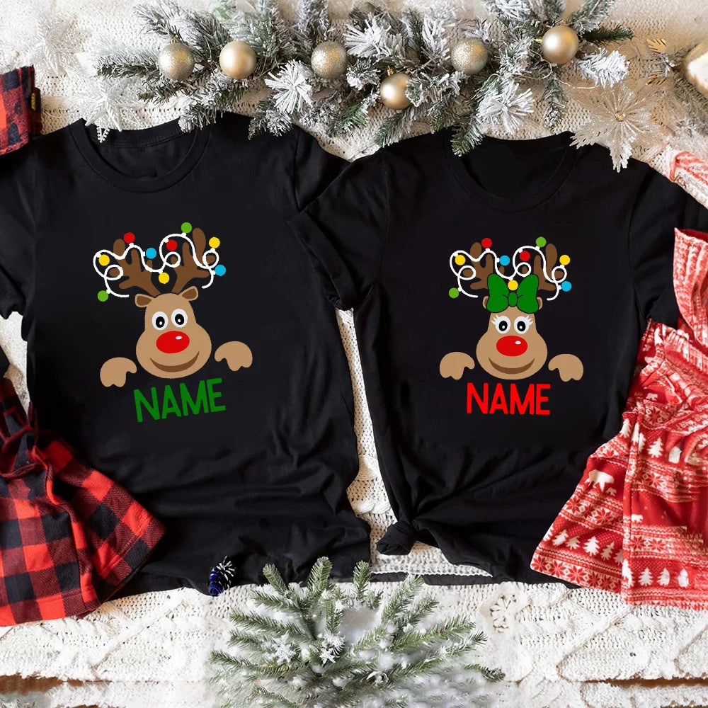 Reindeer Family Christmas Shirt Personalized Christmas Family Shirts Custom Dad Mom Kid & Baby Name Tee Xmas Gift Clothes