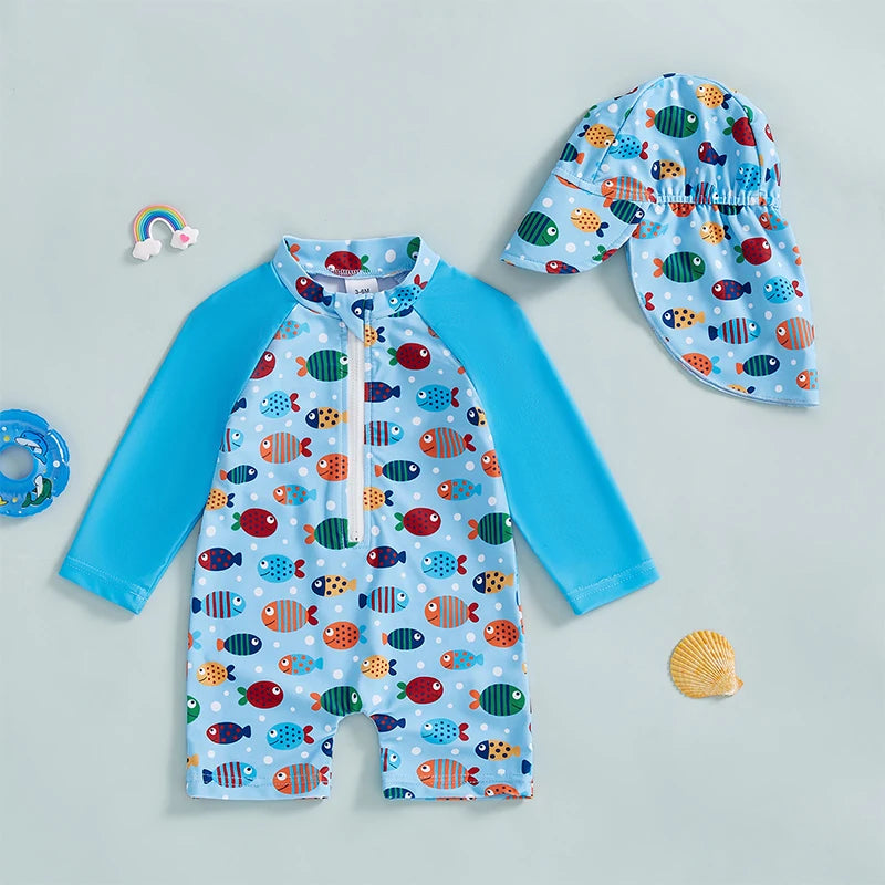 Toddler Boy UV Protection Swimsuit Set with Fish Print Long Sleeve Rash Guard Half Zipper and Sunhat for Sun Safety