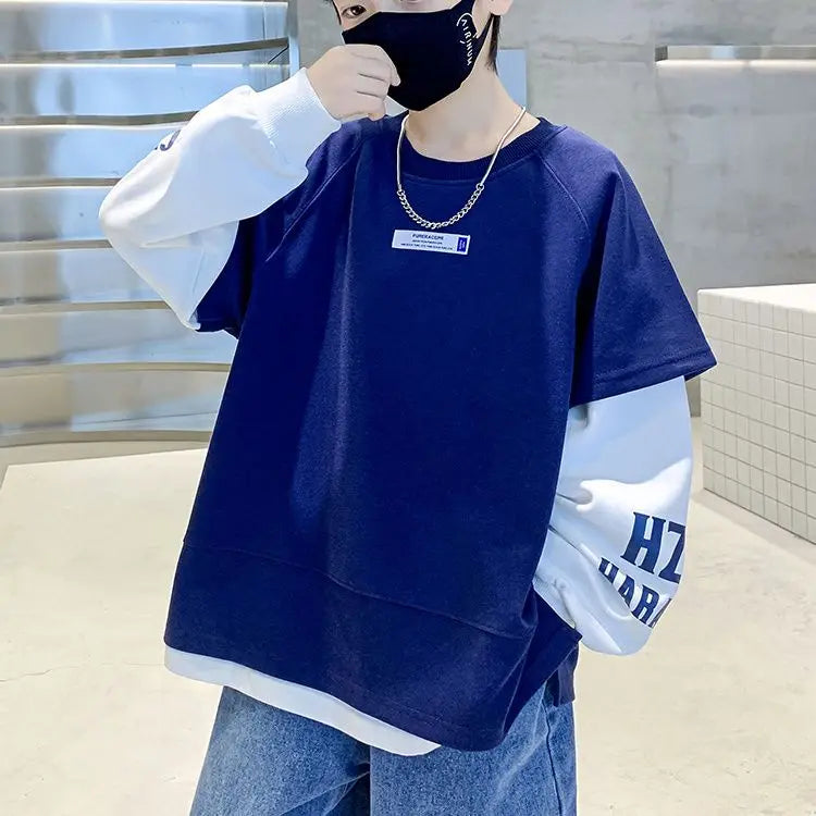 Fake Two Pieces Top Clothes for Children Kids T-shirts Children's Clothing Boys Spring Autumn Oversized T-shirt Boys' Outdoor