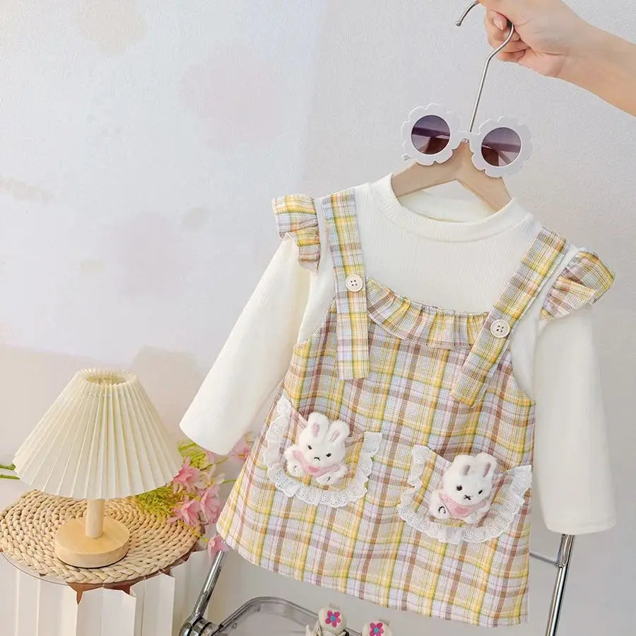 Small Plaid Baby Girl Dress, Spring And Autumn New Cartoon Rabbit Children'S Long Sleeved Clothes (9 Months -3 Years Old)