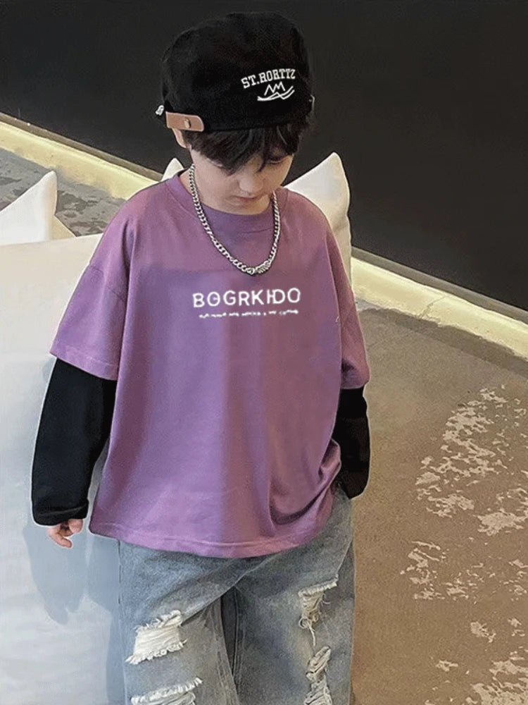 False Two Piece Spring and Autumn Children's Clothing From 8 To 12 Years Boy Child T Shirt Kids Clothes Boys 7 Year Old Wear 10