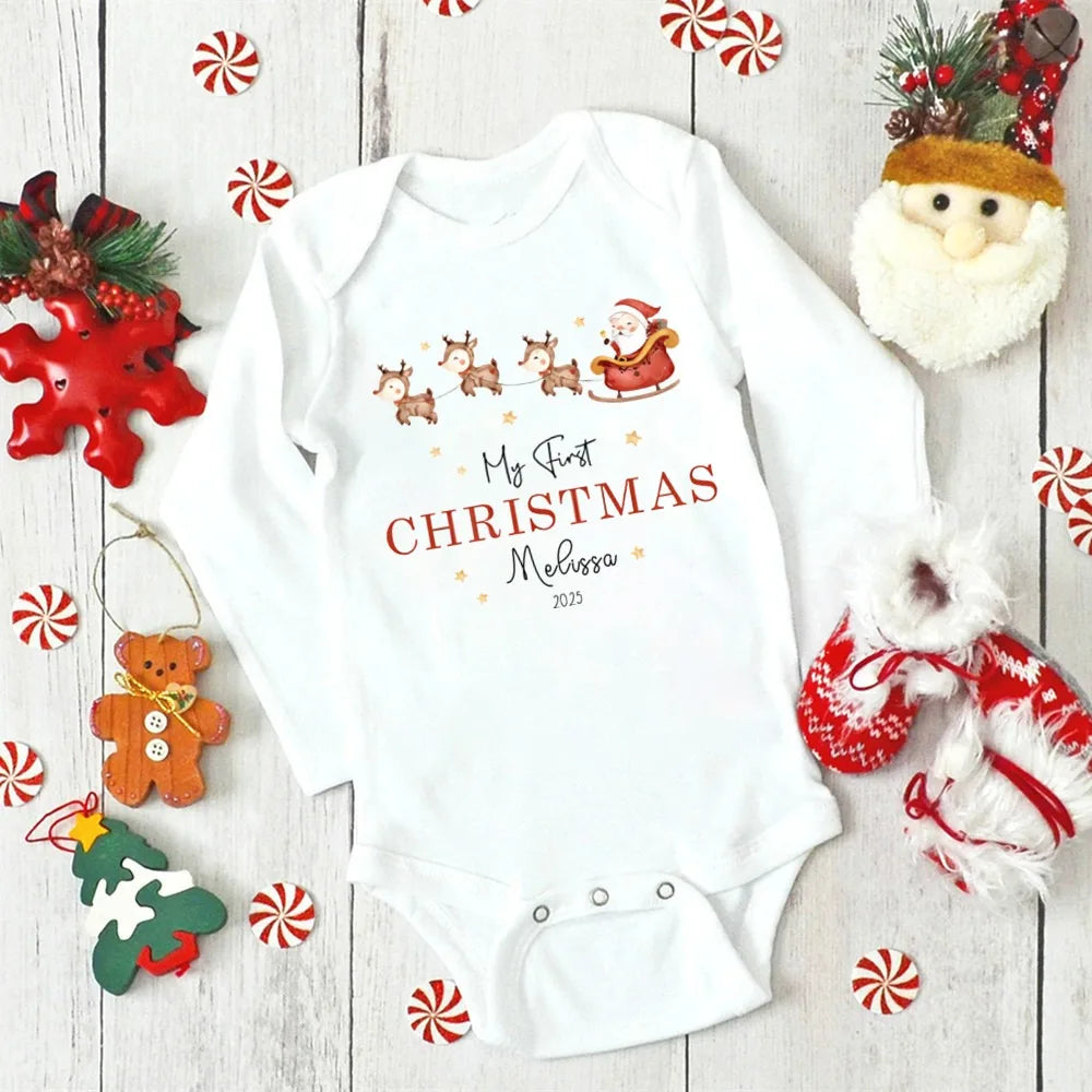 Personalised First Christmas Baby Outfit Newborn Baby Girls Boy Long Sleeve Cartoon Winter Romper My First Xmas Jumpsuit Outfit