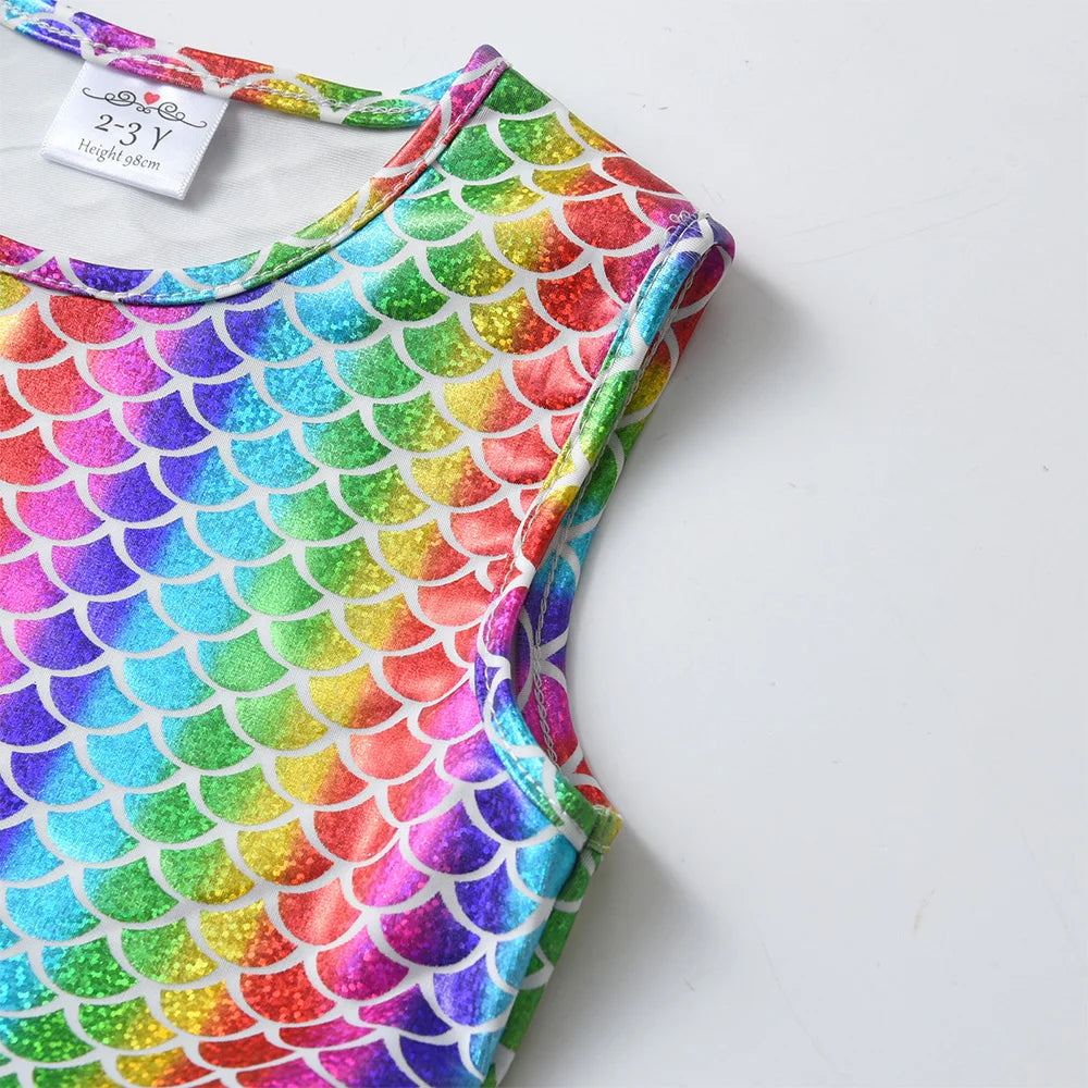 VIKITA Girls Sleeveless Summer Dress Kids Rainbow Print Colorful Multicolor Dresses Girls Mermaid Print Party Princess Vestidos