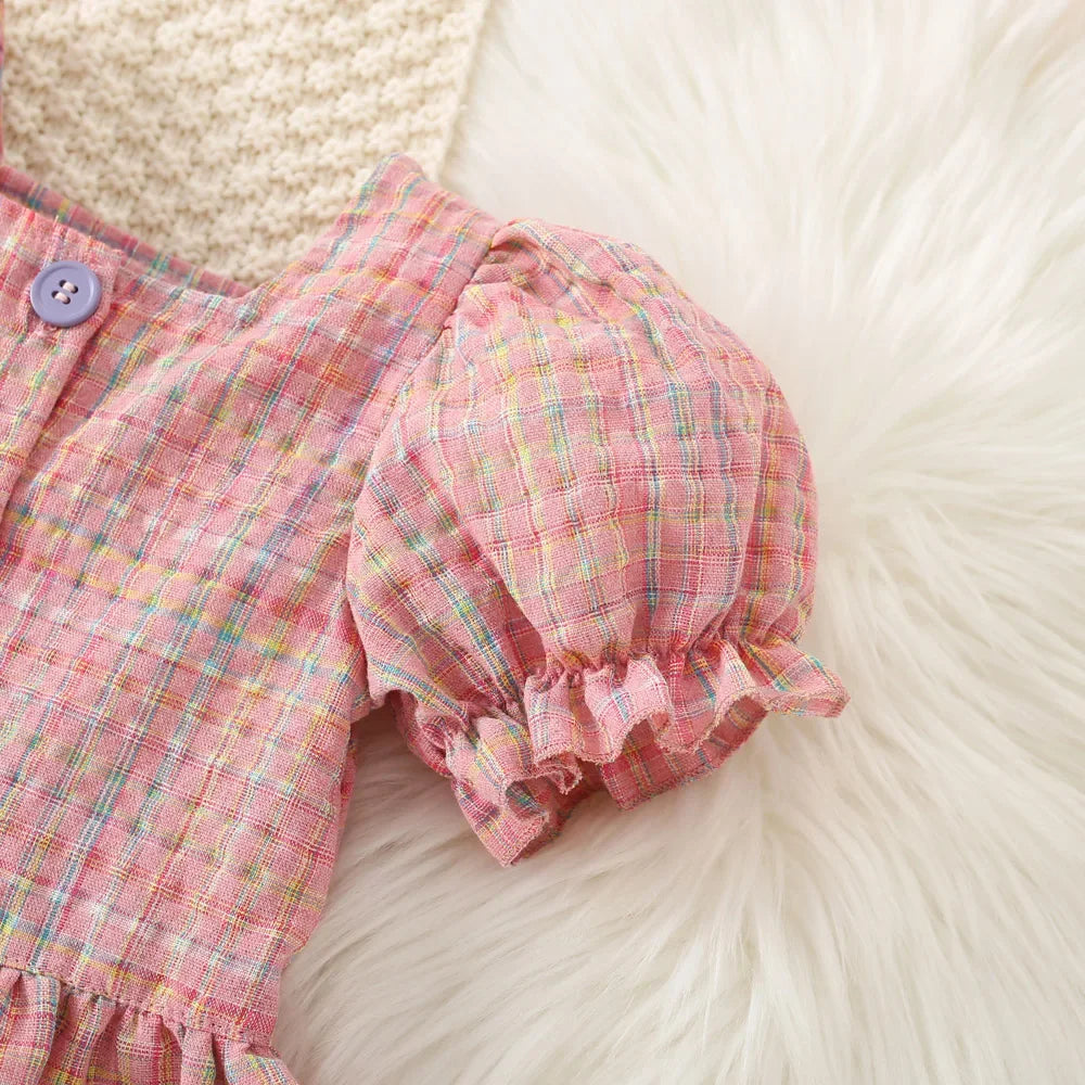 (0-3 Years Old) Summer Baby Girl Cotton Colored Plaid Bubble Sleeve Top and Shorts Set Cute Princess Style Girl Two-piece Set