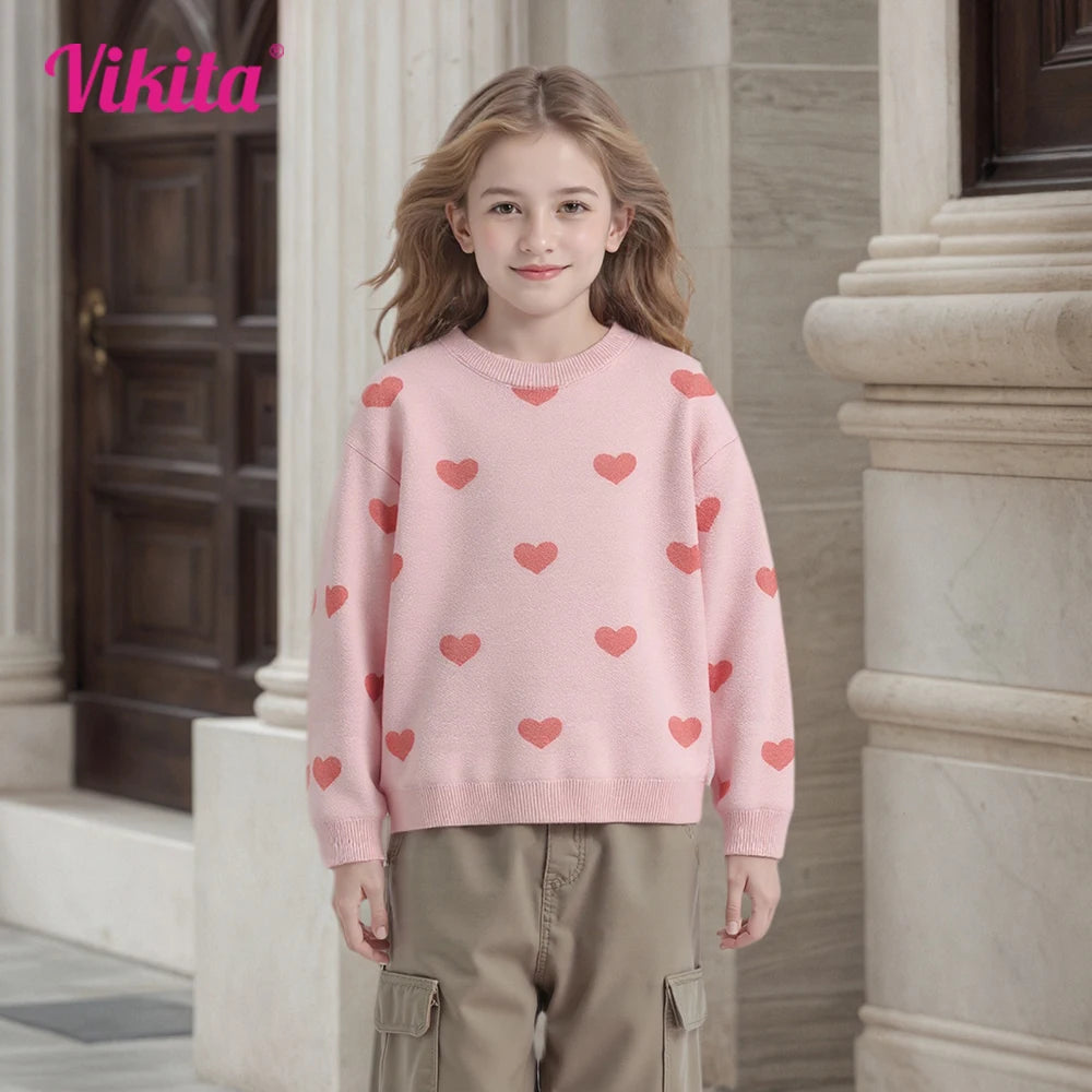 VIKITA Teenagers Pink Sweaters Girls Heart Shape Costumes Fall Spring Winter Knitted Fashion Blouses Sweaters Casual Wear Tops