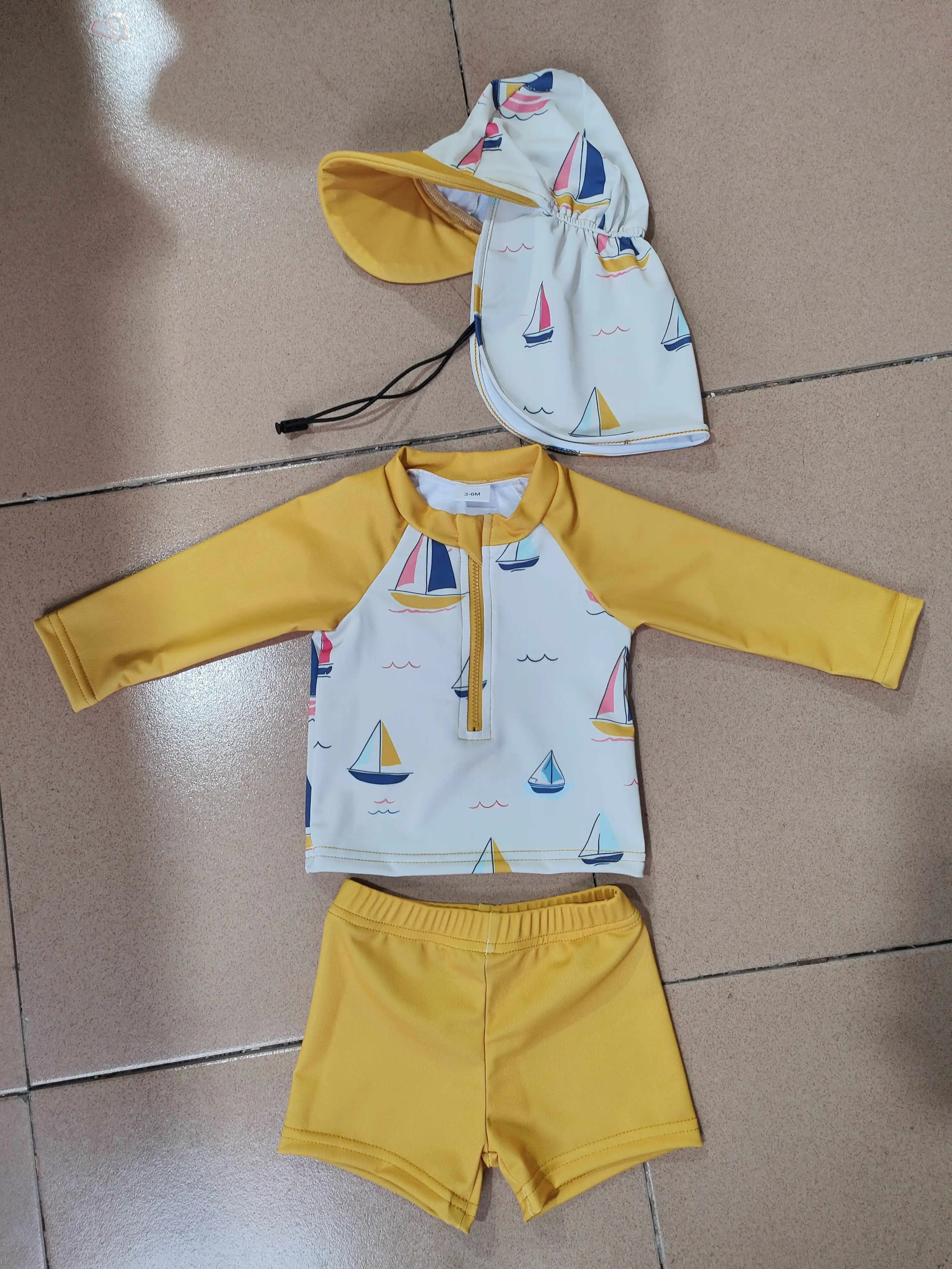 Boys Rash Guard Swimsuit Set with Shark Print Long Sleeve Zipper Tops Solid Shorts and Swim Hat 3 Pcs Outfits for Beach Fun