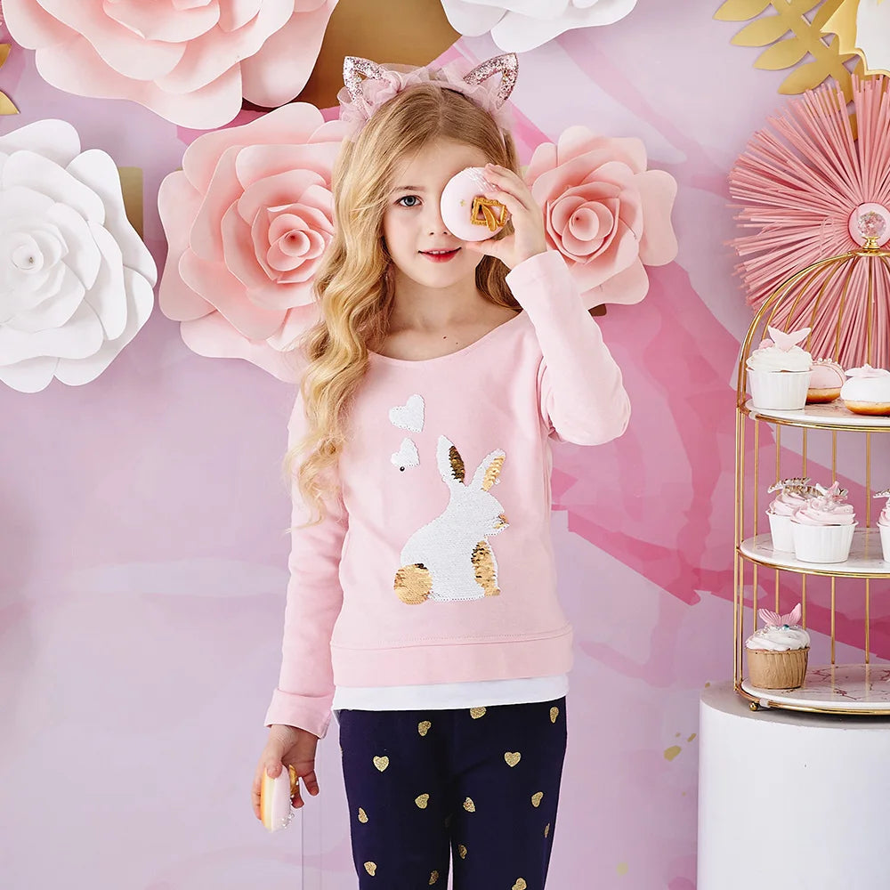 VIKITA Girl Long Sleeve Autumn Spring O Neck T Shirt Kids Rabbit Sequined Appliqued Cotton Casual Tops and Tees Children Clothes