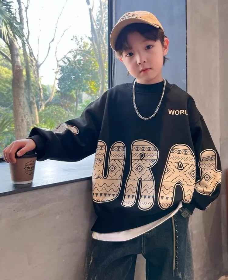 Boys' Medium-Large 2025 New Spring/Autumn Trendy No Hood Layering Top Sweatshirt