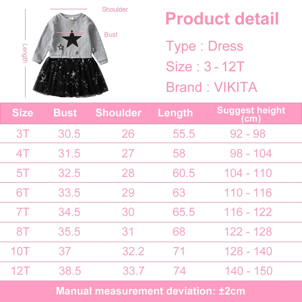 Girls Grey Sweatshirt Dress Kids Black Star Print Thick Dress with Tulle Skirt Toddlers Long Sleeve Outfit for Casual Party Wear
