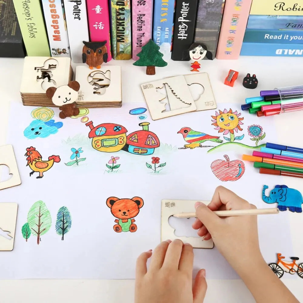 20pcs Montessori Kids Toys Drawing Toys Wooden DIY Painting Template Stencils Learning Educational Toys for Children Gift