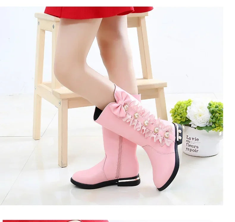 Girls Boots Autumn Winter Kids Princess Boots Lace Pearls with Bow-knot Sweet Warm Cotton Fur Lining Children Long Boots High