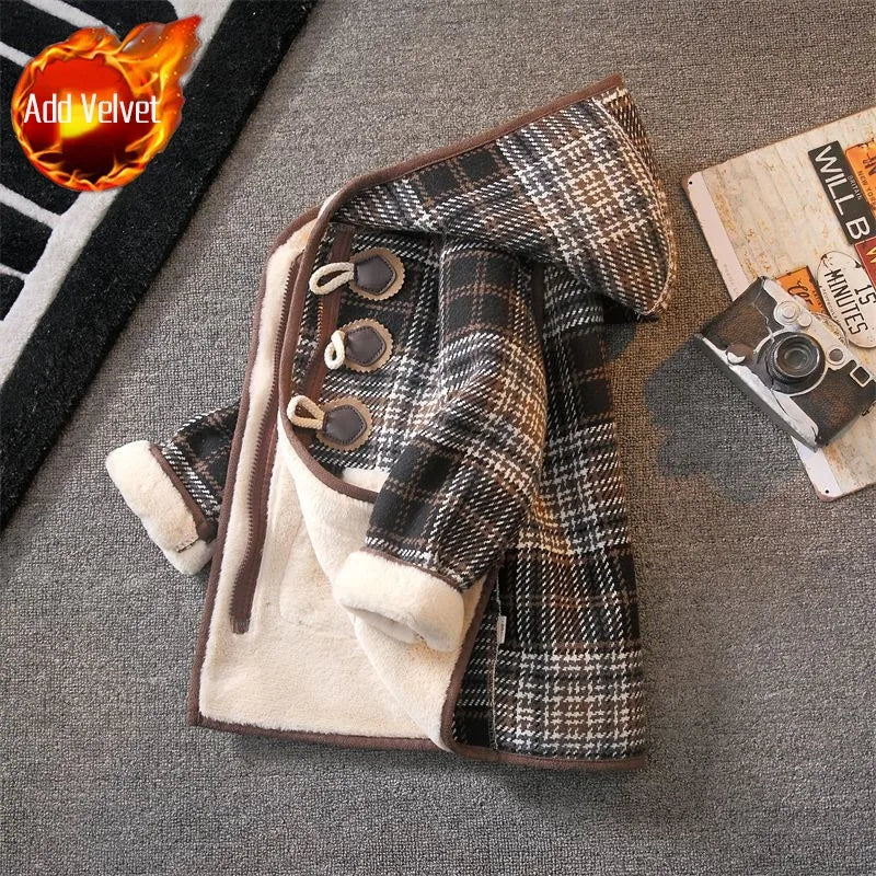 Boys Winter Wool Coat 2025 New Style Kids Thickened Fleece Lined Plaid Wool Jacket Thick Winter Clothing