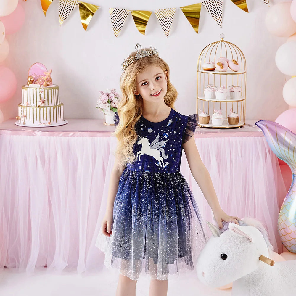 VIKITA Kids Licorne Cartoon Dress Girls Flare Sleeve Summer Dresses Girls Gradient Birthday Party Performance Princess Dresses