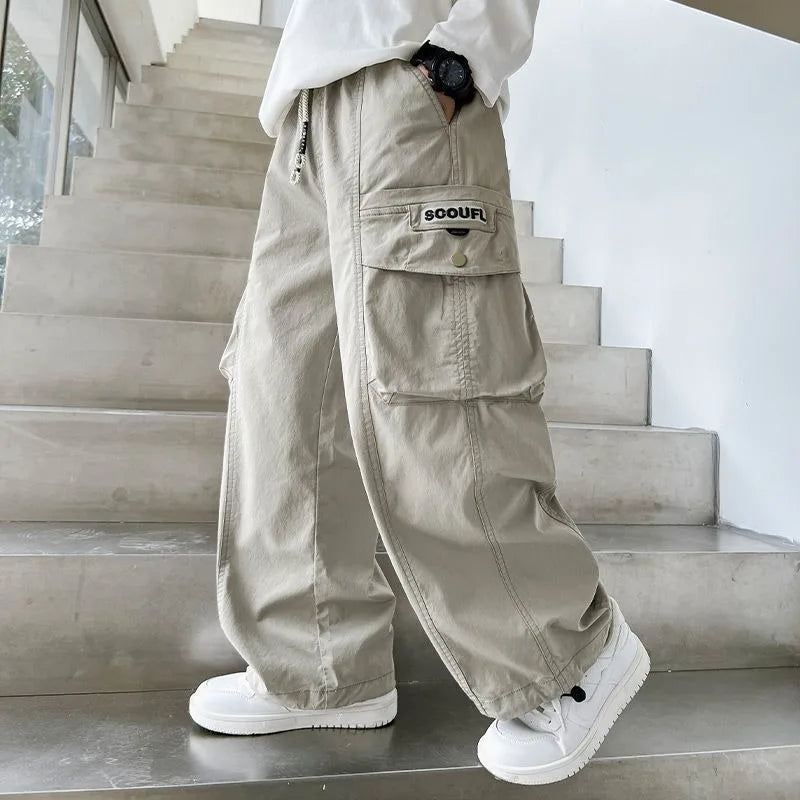 2025 Spring Autumn Boys' Cuffed Cargo Pants Straight Leg Cotton Stylish New Design