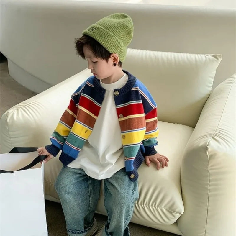 Boys' Forest Style Cardigan Sweater 2025 Spring Autumn New Design, Colorful Stripes Knit Versatile Jacket for Kids Stylish