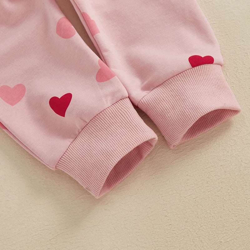 Toddler Girls 2-piece Set Adorable Long Sleeve Hoodie with Embroidered Letters and Heart Print Sweatpants Valentine s Day