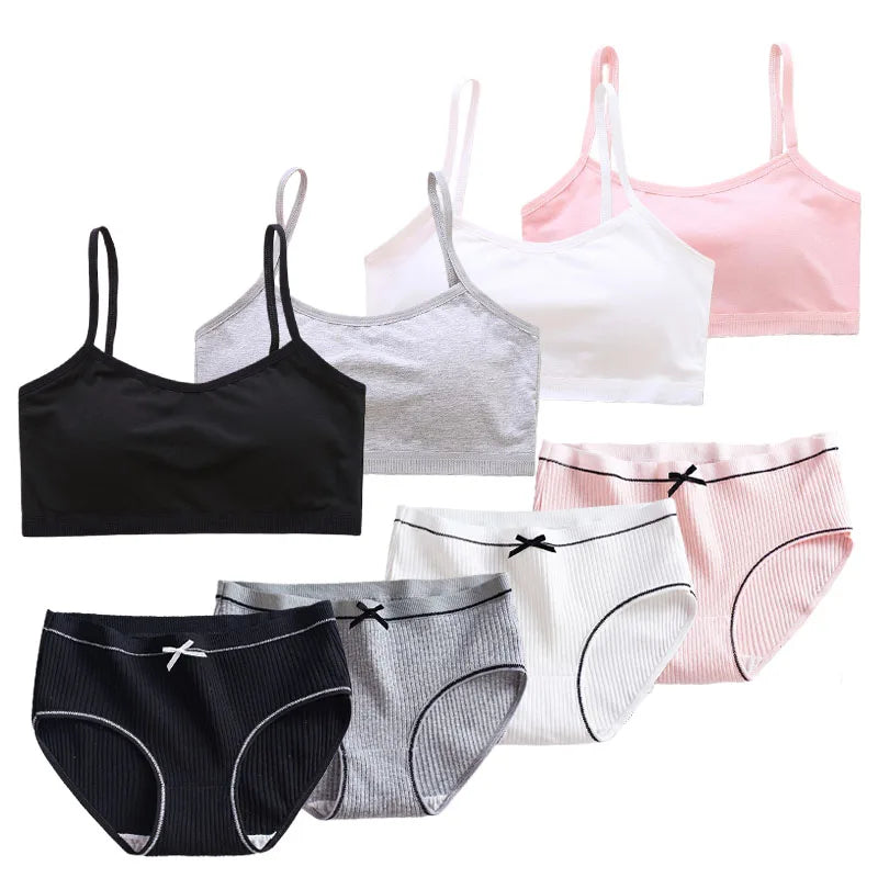 1/4 Sets Cotton Girls Underwear Set Teenage Girls Training Bras and Panties Suit Solid Wireless Fixed Pad Bra with Briefs Set