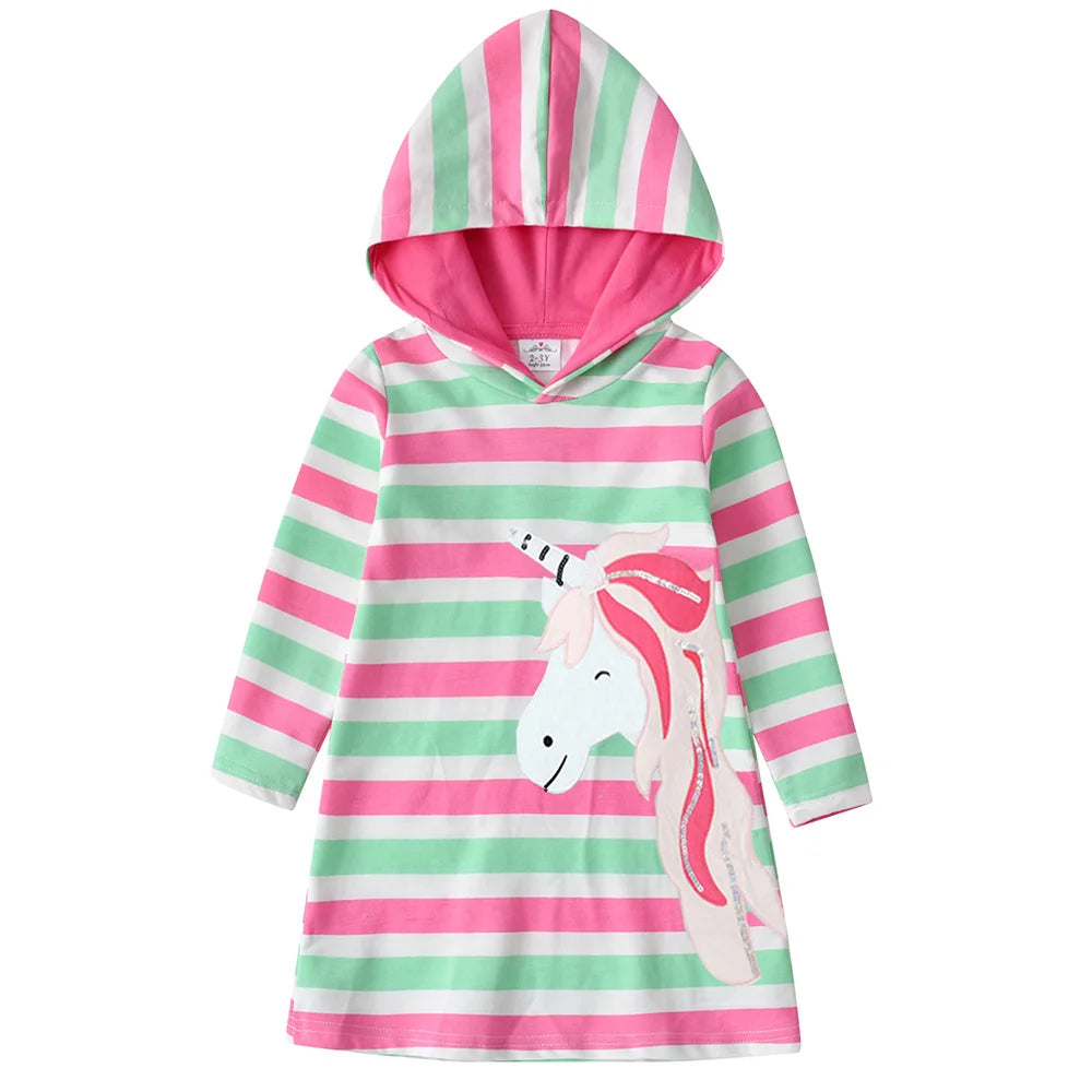 VIKITA Girls Hooded Dress Kids Licorne Appliqued Striped Dresses Girls Autumn Spring Long Sleeve Cotton Casual Straight Dress