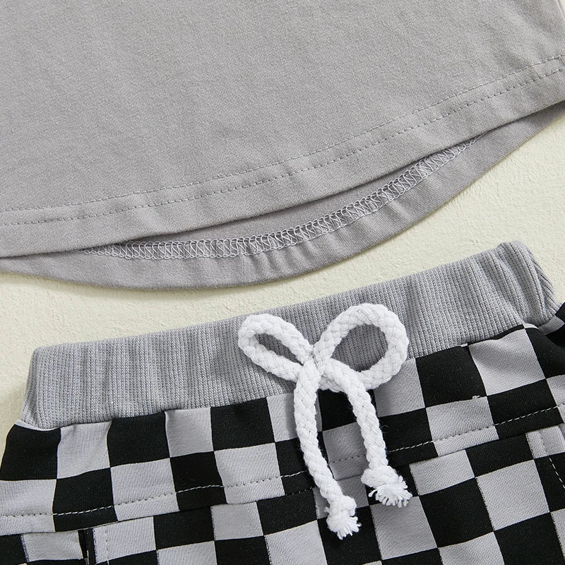 Cute Infant Boy Casual Wear Solid Color Tee and Plaid Shorts Set for Hot Weather 2 Piece Outfit for Toddlers