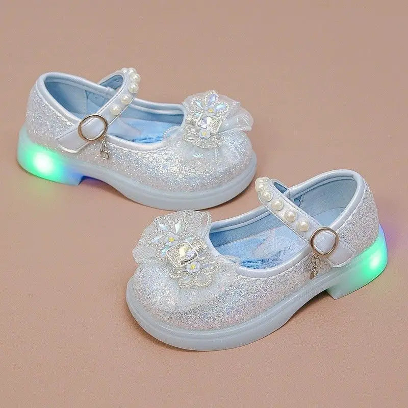 Disney Children's High Heel Princess Elsa Party LED Light Shoes Summer Girls Sandals Baby Girls' Crystal Blue Pink Shoes 23-34