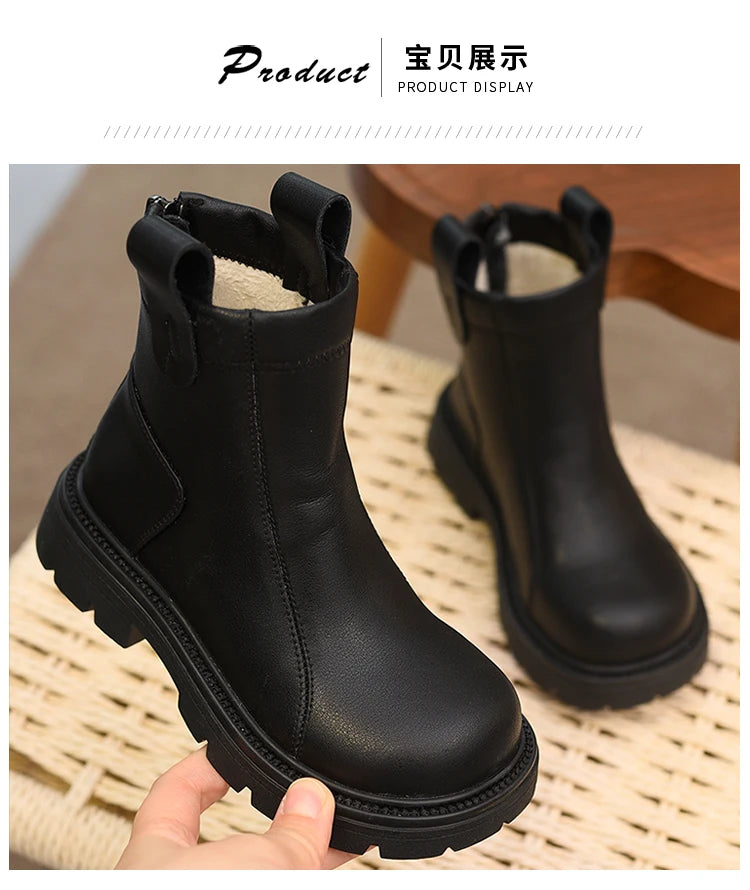 Girls' short boots, genuine leather, children's cotton boots, soft soled leather boots, children's shoes, 2025 autumn and winter