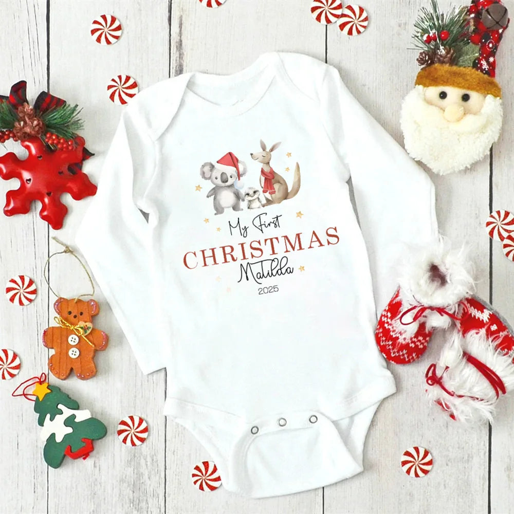 Personalised First Christmas Baby Outfit Newborn Baby Girls Boy Long Sleeve Cartoon Winter Romper My First Xmas Jumpsuit Outfit
