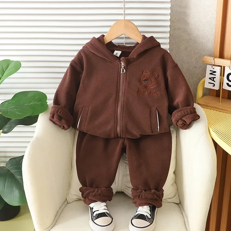 Autumn Winter Baby Boys Warm Clothes Set Thick Fleece Cartoon Bear Zipper Hooded Jacket Pants 2Pc For 1-5 Years Girls Sport Suit