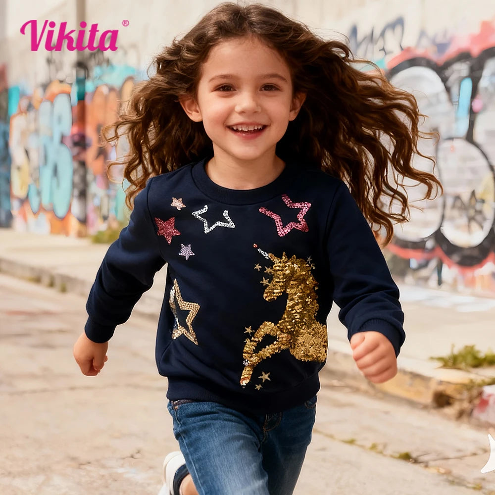 Toddlers Girls Cotton Sweatshirt with Golden Sequined Unicorn Sparkly Star Appliqued Outfits Kids Daily Street Cool Casual Wear
