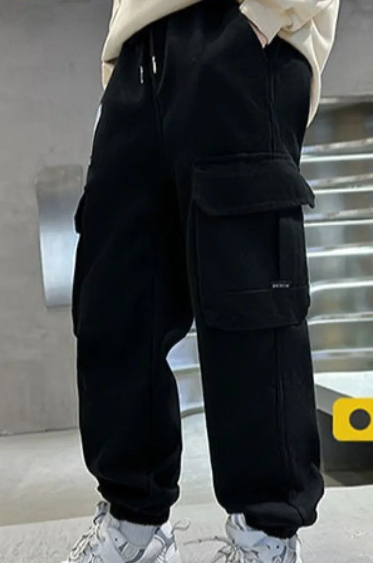 Boys Cargo Pants Spring Autumn Fleece-Lined Kids Casual Loose Long Pants Stylish Warmth Outdoor Playwear