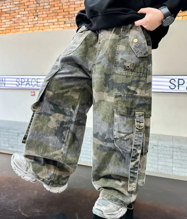 2025 New Boys Autumn Camouflage Tactical Pants - Kids Cargo Pants with Multiple Pockets, Trendy & Comfortable for 8-14 Years Old