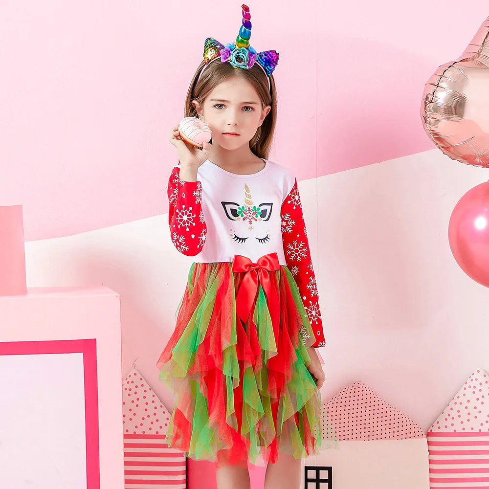 VIKITA Girls Christmas Unicorn Dress Kids Long Sleeve Snowflake Print Tutu Dress with Red Green Tiered Tulle Skirt for Xmas