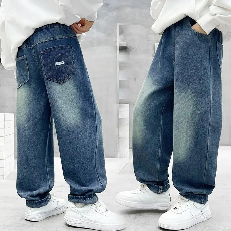 2025 New Boys' Loose Fit Jeans for Kids - Korean Style Washed Denim Long Pants, Trendy & Comfortable