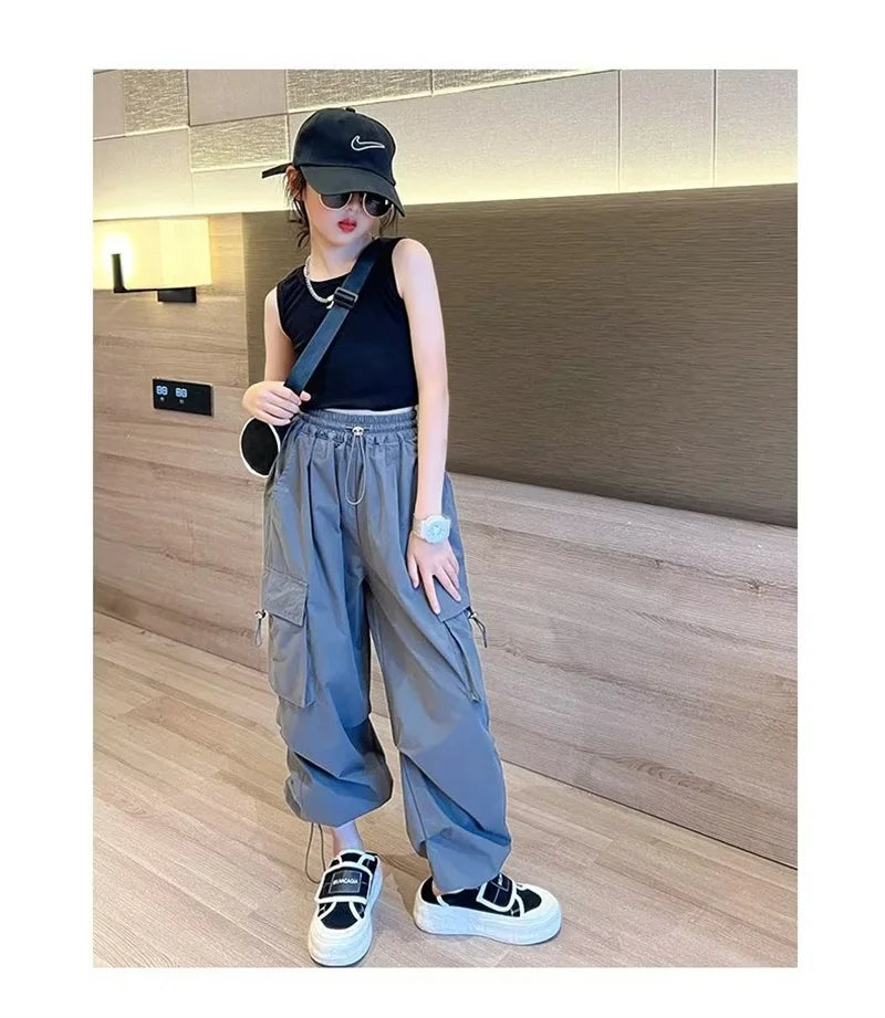 Girls' High Waist Straight Trousers Kids Fashion Hip Hop Joggers Cargo Pants Children Cool Spring Autumn Drawstring Sweatpants