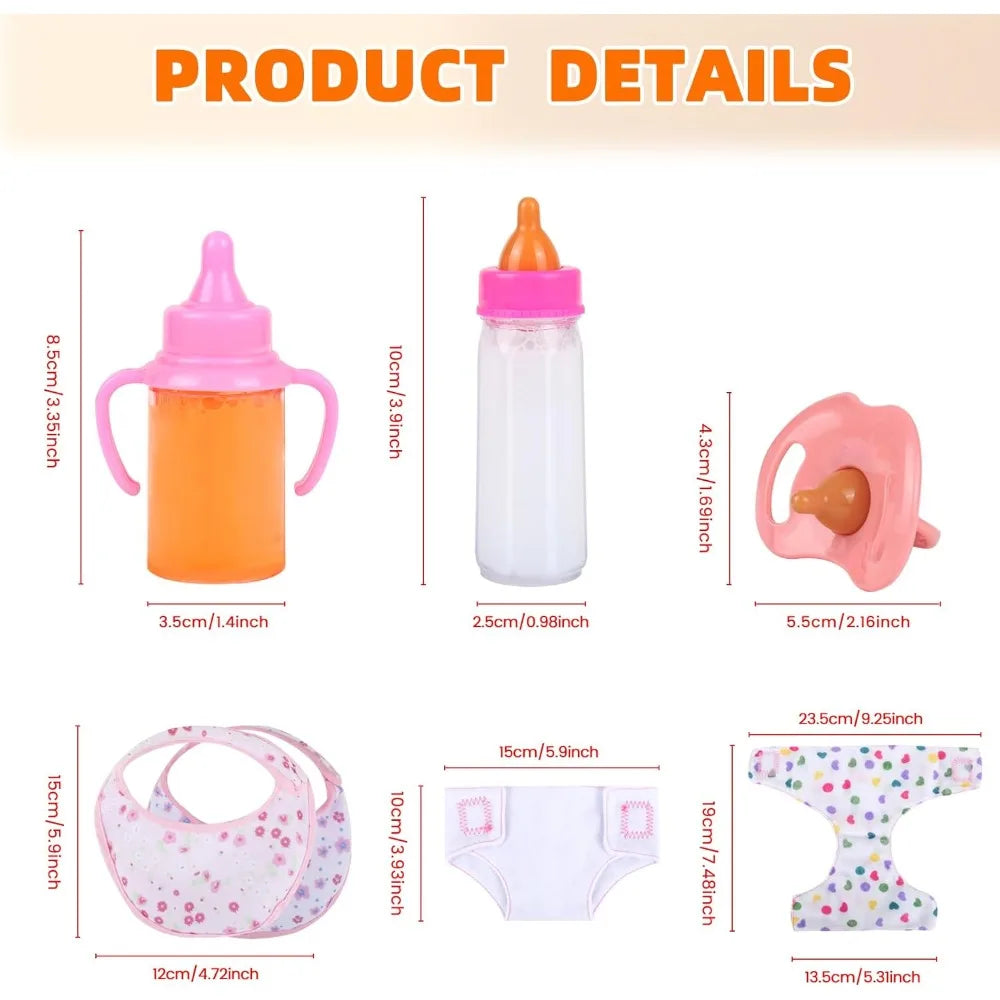 Baby Doll Accessories Set 7PCS Feeding & Caring Set with Magic Bottles Pacifier Diapers Bibs Doll Pretend Play Gift for Kids