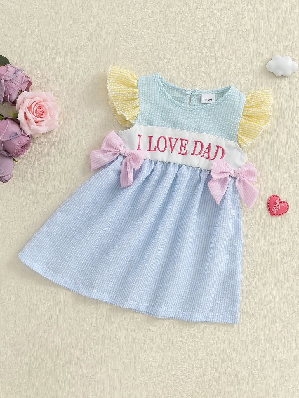 Adorable Infant Girl Sleeveless Dress with Cute Bow Accents Embroidered Letters Striped Design and Ruffled Trim
