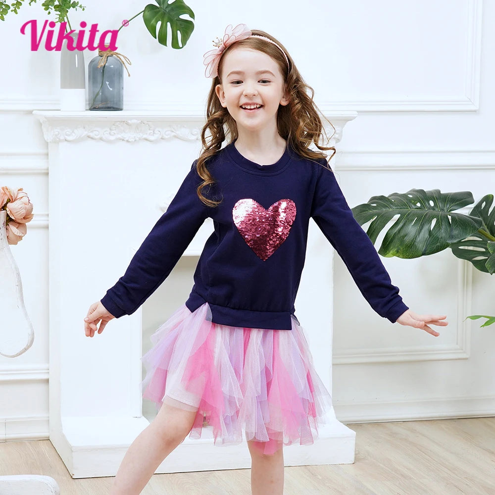 VIKITA Girls Heart Sequined Dress Kids Sweatshirt Dresses Children Long Sleeve Autumn Winter Birthday Party Princess Costumes