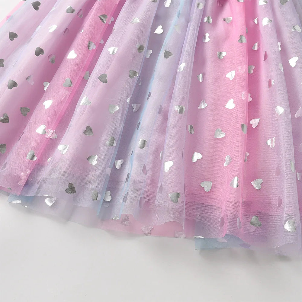 VIKITA 2025 Kinderkleidung Mädchen Herbst Frühling Langarm Rosa Kleid Kinder Herzform Mesh Tüll Prinzessin Party Sternenkleider