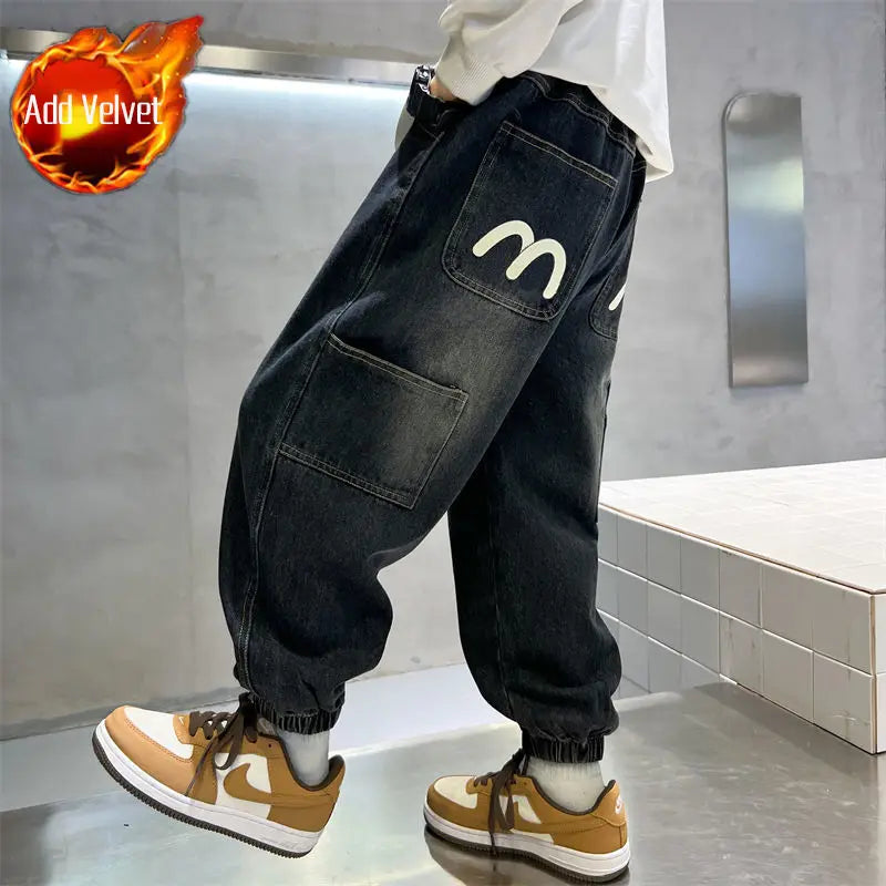 Boys' Fleece-Lined Jeans 2025 New Autumn/Winter Thermal Insulated Trendy Long Pants for Big Tall Kids, Stretchy Fabric Loose Fit