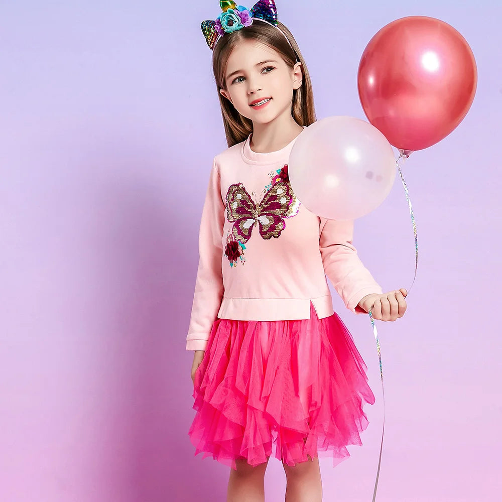 VIKITA Kids Hoodies Dress Girls Patchwork Pink Dresses Girls Sequined Butterfly Appliqued Mesh Tulle Princess Thick Tutu Dress